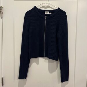 Sunday Best Aritzia Navy Blue Ribbed Full Zip Cropped Cardigan Sweater Large